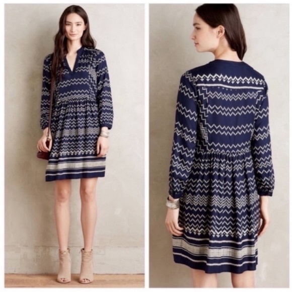 Anthropologie Holding Horses Blue Farica Chevron Dress - Picture 2 of 7